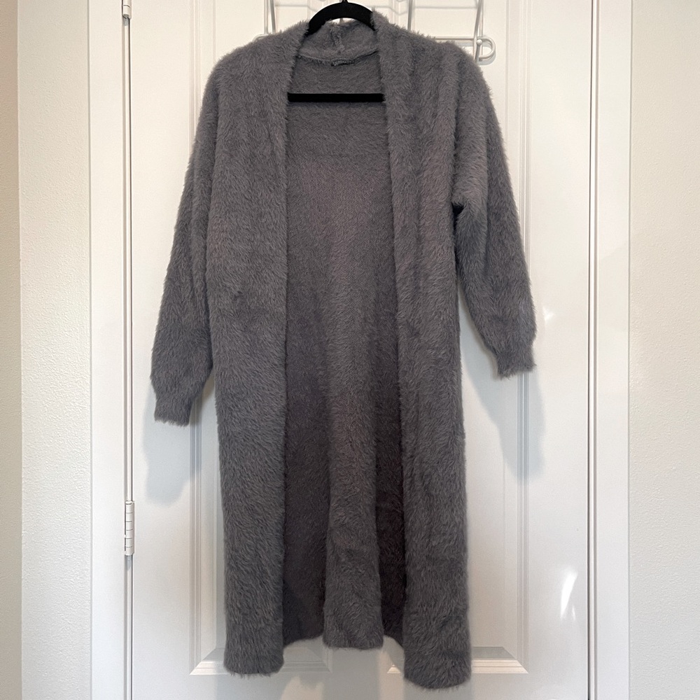 2bella fluffy cardigan gray/blue medium with stretch
